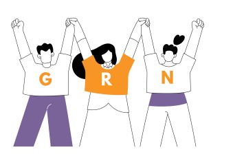 An illustration of three people with capital letters, 'G,R,N' on their clothing, holding hands, celebrating.